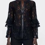 ZARA  Black Vegan Leather Trim Lace Ruffle Button Down Blouse Top Photo 0