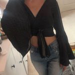 Irene's Story Irene’s Story Black White Polka Dot Self Tie Wrap Bell Wide Sleeve Crop Top Blouse Photo 5