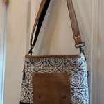 MYRA BAG BRAND..PIVOT PRINT SHOULDER BAG ADJUSTABLE STRAP TAN SUEDE DARK CANVAS Photo 1