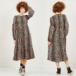 Ganni  Leopard Animal Print Brown Georgette Smocked Long Sleeve Midi Dress Size 4 Photo 6