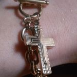 Cable Chain Cross Charm Ion Plated Yellow Gold Stainless Steel Bracelet (8 Inch) Photo 7