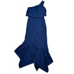 XScape Navy Blue One Shoulder Stretch Crepe Ruffle Asymmetrical Hemline Gown US4 Photo 8
