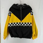 Forever 21  Checkered Hooded Windbreaker Quarter Zip Women’s L Black Yellow Photo 0