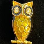 Vintage Owl Brooch Black & Gold Clear Rhinestone Eyes Whimsigoth Witchy Photo 1