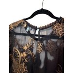 Black Sheer Lace Trimmed Peplum Top Gold Floral Embroidery Long Sleeve Size XL Photo 3