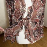 VTG Notations Blouse XL Geometric Shimmer Sheer Tie Front Ruffle Y2k Whimsical Red Photo 3