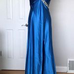 Mermaid High Low Formal Evening Prom Gown Asymmetric Slit Satin Blue Size 12 Photo 0