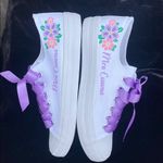 Custom White Sneakers with Purple Laces Floral Design Mrs. Cuevas Size 39 (US 8) Photo 8