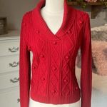 Evan Picone  Red Acrylic Pom Pom Sweater Cable Knit Women Small Christmas Holiday Photo 0