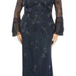 Mac Duggal NWT V-Neck Navy Gown Size 16 Beaded Ruffle Bell Sleeve Formal Photo 0