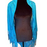 Ethereal Boho Witch Hippie Romantic Blue Sheer Floral Fringe Bandana Lace Shawl Photo 0