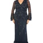 Mac Duggal NWT V-Neck Navy Gown Size 16 Beaded Ruffle Bell Sleeve Formal Photo 2