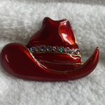 Cowgirl Cowboy Hat Red Enamel Painted Rodeo Rhinestone Pin Brooch Horse Show Photo 8
