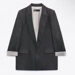 ZARA Women’s Linen Blazer Open Front Striped Rolled Sleeve Academia in Black S Photo 2