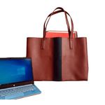 Vince Camuto  Brown Faux Leather Tote Bag With Black Stripe Accent  Work Travel Photo 3