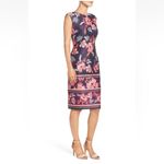 Eliza J  Floral Scuba Sheath Dress Navy Pink Size 10 V-Neck‎ Cap Sleeve Stretch Photo 1