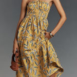 Anthropologie  NWT The Somerset Strapless Maxi Dress Yellow Leaf Print L Photo 0