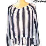 Merona really nice white blouse with black stripes! Ruffled at hem. NWT Photo 1