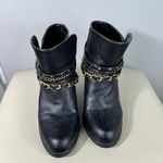 JustFab Iliana Black Faux Leather Block Heel Chain Wrap Detail Ankle Booties 8 Photo 1