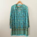 Natural Life Dara V-Neck Boho Floral Long Sleeve Mini Dress Turquoise Size XL Photo 2