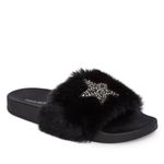 Steve Madden Black Faux Fur Shimmer Embellished Star Slide Sandals Photo 6