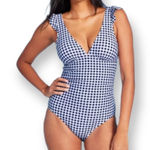 Kona Sol  22W Women's Ruffle Gingham High Coverage One Piece Swimsuit‎ Navy White Photo 0