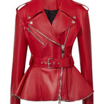 Madonna & Co Luxe Zip Detail Leather Peplum Biker Moto Jacket in "Welsh Red" NWT Red Size L Photo 0