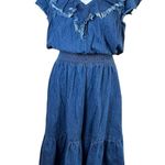 Y2K Lola P. Denim Cotton Midi Dress Womens Sz Medium Ruffle Boho Prairie Western Blue Photo 0