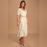 Lulus LULU’S Love Me Sweeter Peach Gingham Puff Sleeve Midi Dress Photo 2