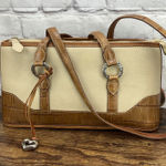 Brighton VTG Handbag Cream Pebbled Leather Brown Croc Trim Dbl Shoulder Straps Photo 0