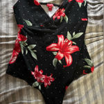 Guess Black Bodysuit with Red Floral Design Photo 0