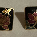 vintage cloisonné enamel stud Pink Lotus Butterfly Black Gold Square EUC Pierced Photo 0