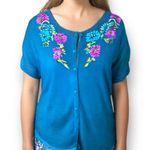 Vintage 90s Embroidered Cardigan Sweater Dark Blue Floral Short Sleeve Knit 10 Photo 1