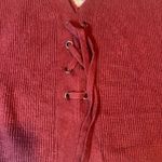 Burgundy V Neck Long Sleeve Lace Up Front Ribbed Knit Sweater Top Women's Large Red Photo 5