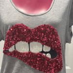 H&M Gray Top with Red Sequin Lips Design Photo 3