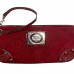 XOXO Red Wristlet Bag, small brocade fabric & vegan Leather clutch purse Photo 1
