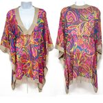 Anthropologie Vibrant Bold Paisley Floral Print Sheer Swim Cover Up Kaftan Tunic Top Shirt Photo 1
