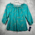 CHAPS Blouse M NWT Gold Metallic Paisley Peasant Top Teal Swirl Smocked Boho Photo 1