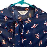 vintage 60s / 70s blue and red dragonfly button down pussybow blouse Size M Photo 2