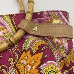 Ralph Lauren Vachetta Leather Paisley Canvas Purse Handbag Round Bamboo Handle Pink Photo 9