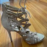 Sam Edelman Essex Beige & Gold Lace Up Leather & Suede High Heel Sandals, size 7.5 Photo 12