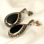Onyx Vintage Marcasite Sterling Silver Tear Drop Shaped Earrings Photo 4