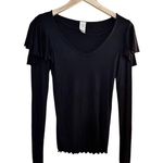 Free People  On Rewind Jersey Black Knit Top Blouse Ruffle Long Sleeves V-Neck XS Photo 2