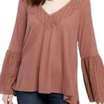 Free People  Parisian Nights Pink Eyelet Bell Sleeve Waffle Knit Top size S Photo 0