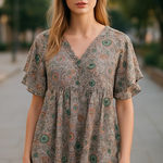 CAbi  Poet Blouse Floral Print Ruffle Sleeve V-Neck‎ Top Medium Photo 0