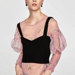 ZARA Blouse Tulle Sheer Floral Pink Puff Sleeves Long Sleeve Casual Crewneck Photo 0