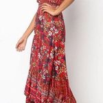 Boho Hippie Midi Dress MEDIUM Red Floral Feminine V Photo 3