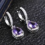 Women's Diamond Amethyst Purple Gemstone Teardrop Dangle Drop Hoop Earrings Silver Photo 1