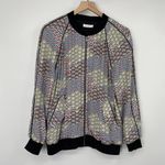 Equipment Silk Bomber Jacket Graphic Fan Print Black White Womens Size Large Photo 2