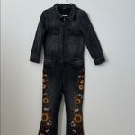 Free People Driftwood Farrah Denim Floral Embroidered Coveralls in Falling Sunflower Size: M Photo 4